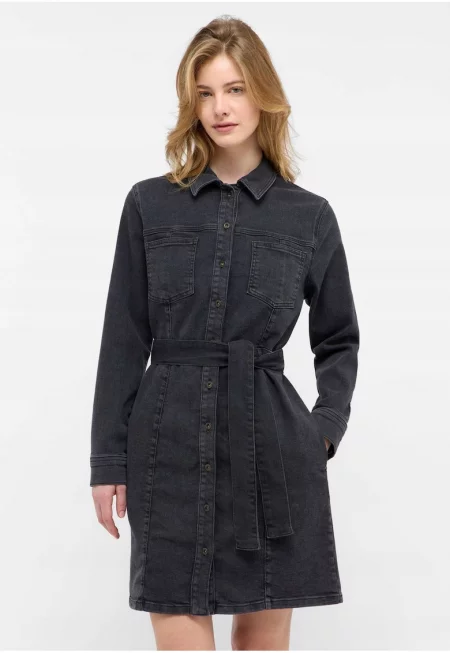 Дамска рокля -  Style Elmira Dress - Стандартна кройка - С яка - Дълги ръкави - Деним акцент - Копчета - Памук - ЕС - Черна - Черен