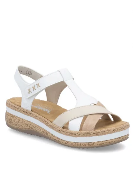 Дамски бели сандали с велкро и комбинирана платформа Rieker V0919-80