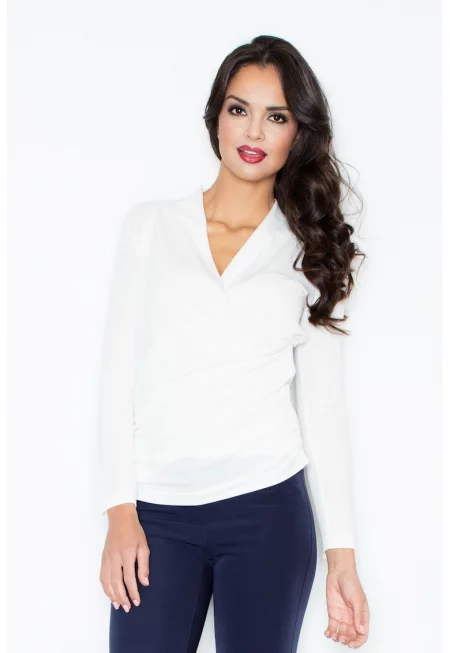 Дамски пуловер -  плик - екрю - плетен материал - дълъг ръкав -