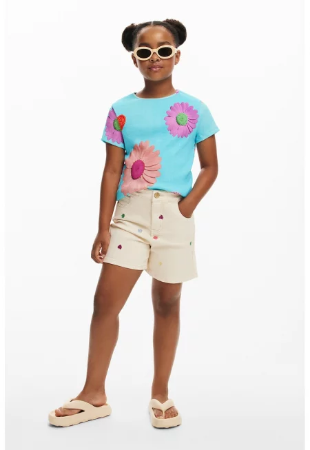 Дънков къс панталон с бродерии - Крем