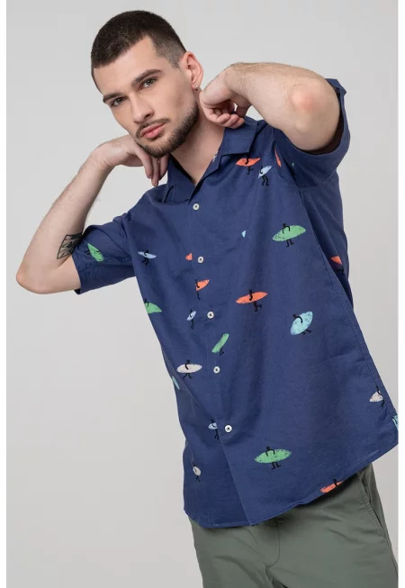 Десенирана риза с лен и памук - Тъмносин