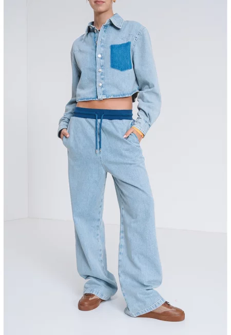 Джогър от деним с връзка на талията - Светлосин меланж