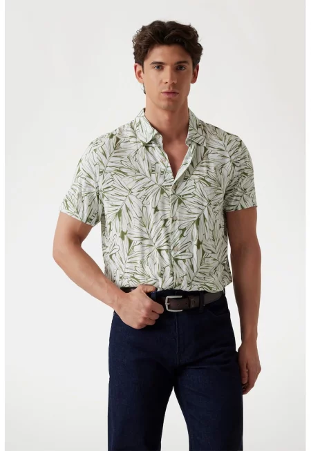 Флорална риза с къси ръкави - Бял/Маслинено зелено