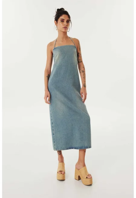 Халтер миди рокля от деним - Син меланж