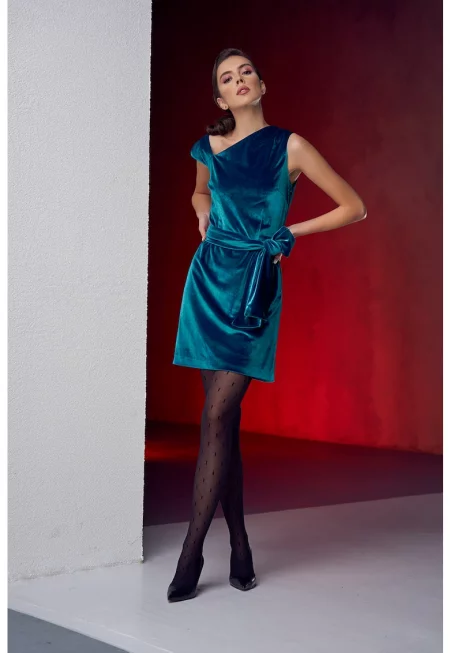 Кадифена рокля с колан - Тюркоаз