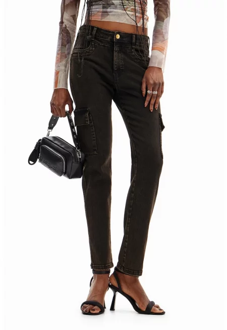 Карго дънки с висока талия - Черен