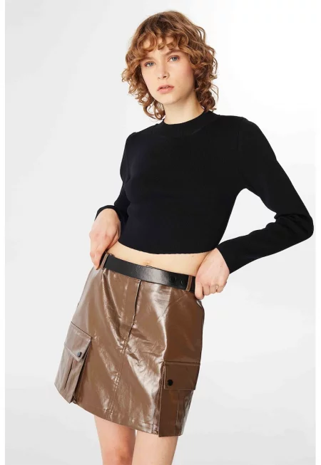 Къса пола от деним с висока талия - Черен/Тъмнокафяв