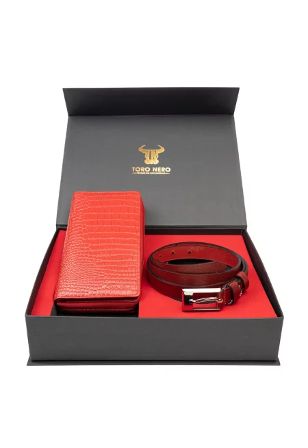 Комплект дамски портфейл и колан естествена кожа червен Gia-Slim