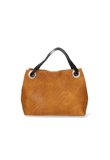 Кожена чанта с релеф - Карамел