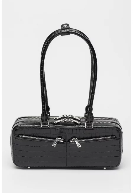 Кожена чанта за рамо с шагрен - Черен