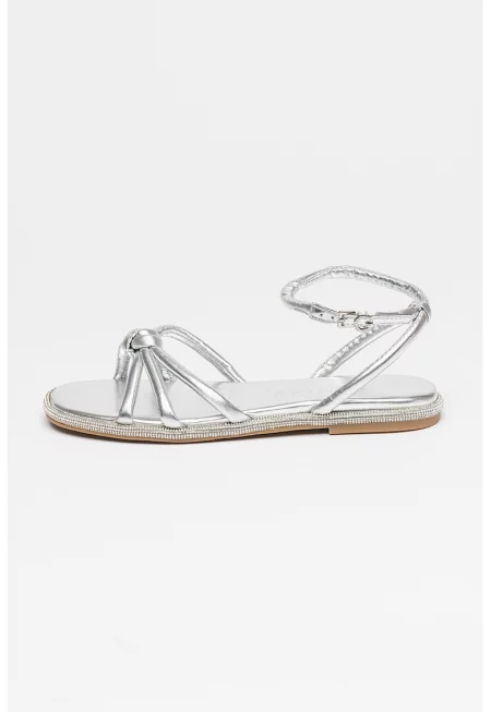 Кожени сандали с каишка на глезена - Сребрист