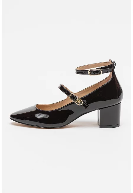 Лачени кожени обувки с каишка с тока - Златист/Избеляло черно