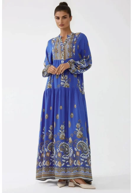 Макси рокля  дълъг ръкав - синя - вискоза