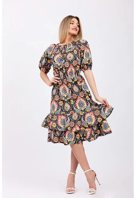 Миди рокля с бухнали ръкави - Многоцветен