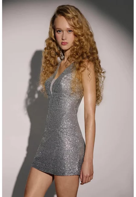 Мини рокля -  вталена - с брокат - сива - джърси