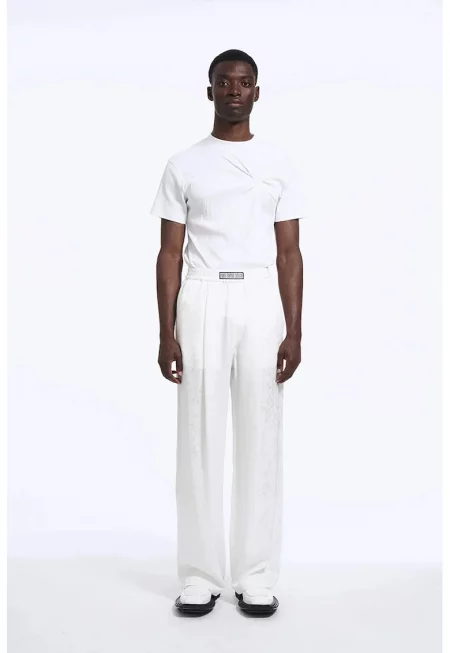 -Овърсайз панталон с ластична талия и принт - Бял