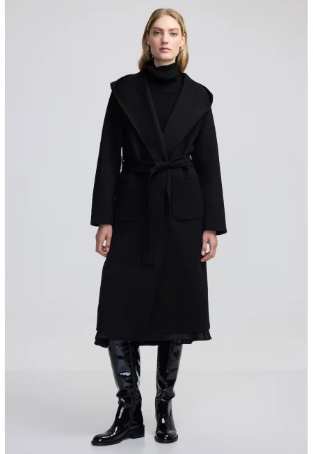Палто с вълна с колан - Черен