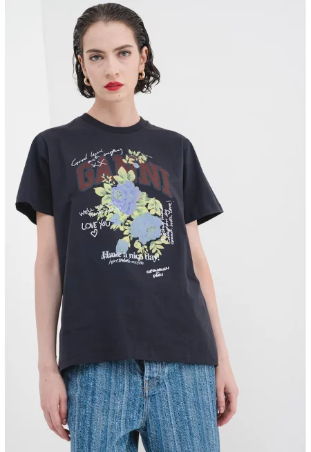 Памучна флорална тениска - Зелен/Син/Антрацитно сиво