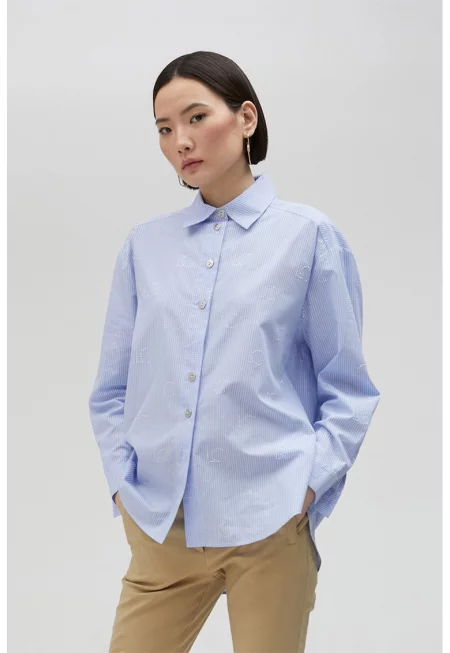 Памучна раирана риза - Бял/Пастелносин