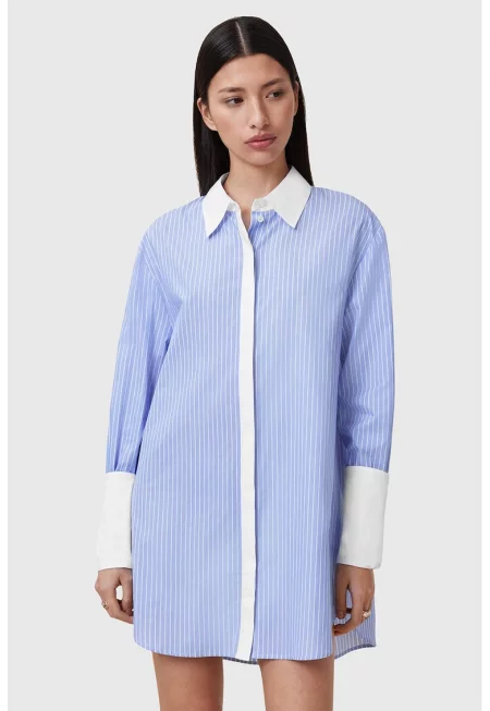 Памучна рокля-риза Alber с дълги ръкави - Бял/Светлосин