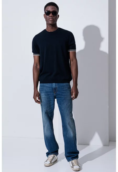 Памучна тениска с овално деколте - Мръснобял/Тъмносин