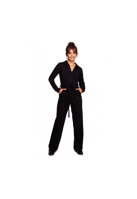 Плетен гащеризон с яка и колан - Памук - Полиестер - Черен -