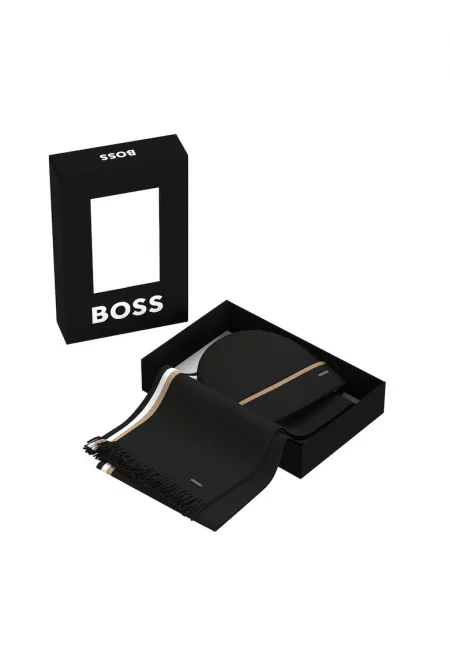 Плетена шапка и шал с лого - 2 части - Черен