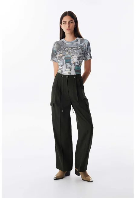 Прав панталон с миди талия - Бледозелен