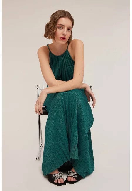 Права рокля с плисе - Тъмнозелен