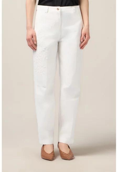 Прави дънки с бродерия - Бял