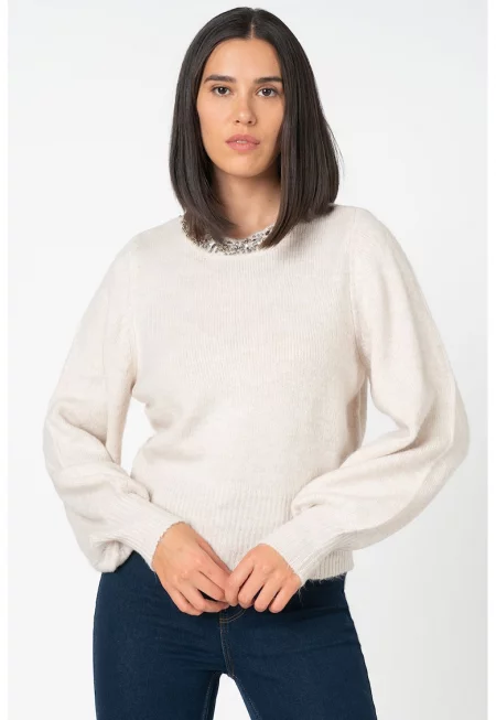 Пуловер Elsa с ръкави буфан - Мръснобял