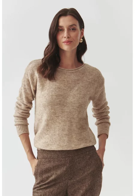 Пуловер с вълна и овално деколте - Светлокафяв меланж