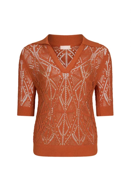 Пуловер с яка и кроше - Оранжев