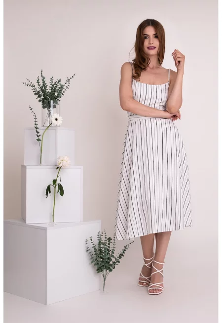 Раирана рокля с лен Olympia - Избеляло черно/Бял