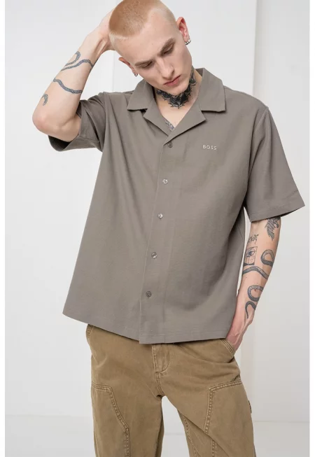 Релефна риза с къси ръкави - Сиво-бежов