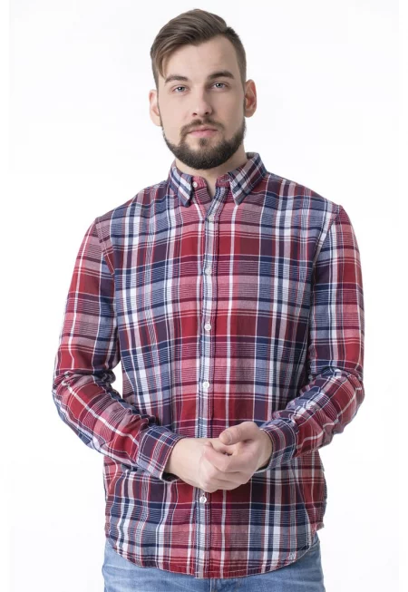 Риза  Обикновена яка - Копчета - Памук - Червен