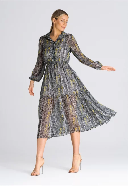 Рокля  разкроена - сива яка - флорални мотиви - полиестер