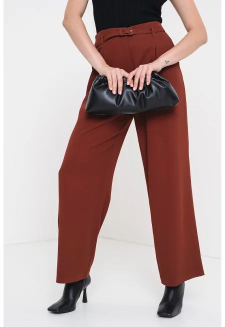 Широк панталон с висока талия и тонален колан - Бордо