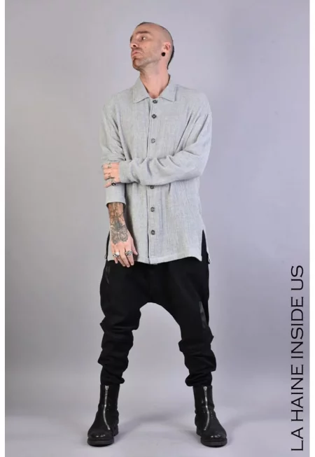 Широка риза с яка и текстуриран вид - Сив