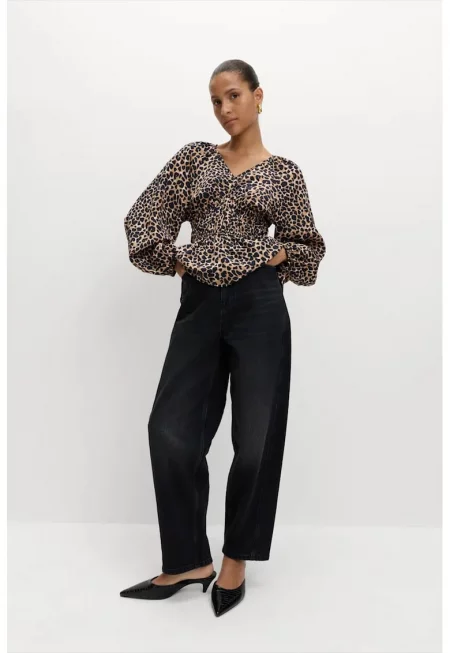 Шпиц блуза с животински принт - Черен/Светлокафяв
