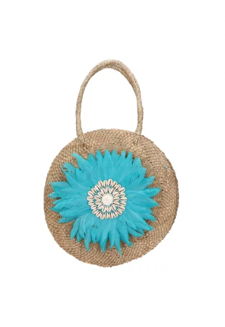 Сламена ръчна чанта с пера - Тюркоаз
