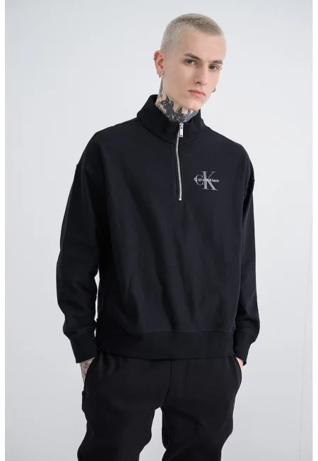 Суитшърт с къс цип и лого - Черен