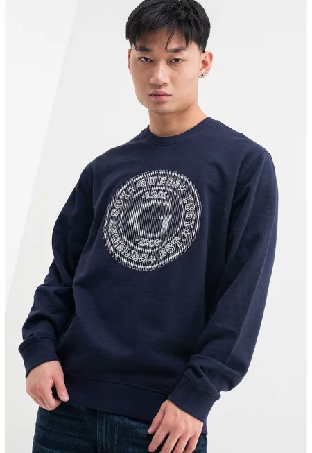 Суитшърт с памук с овално деколте и лого - Мръснобял/Тъмносин