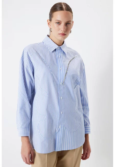 Свободна риза на райе - Бял/Лавандула