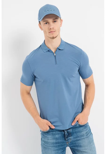 Тениска Dekok с яка и къс цип - Прашно синьо