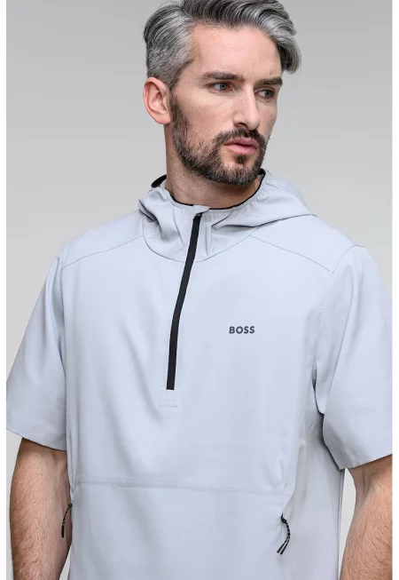 Тениска с качулка и къс цип - Светло сив