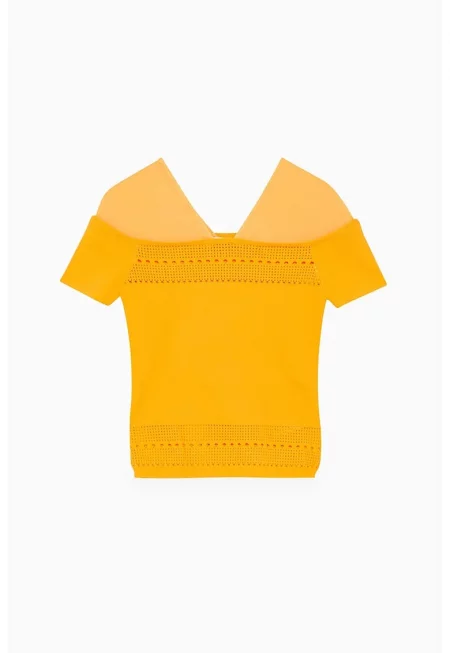 Тениска с къс ръкав - V-образно деколте и горна част от тюл - Оранжев