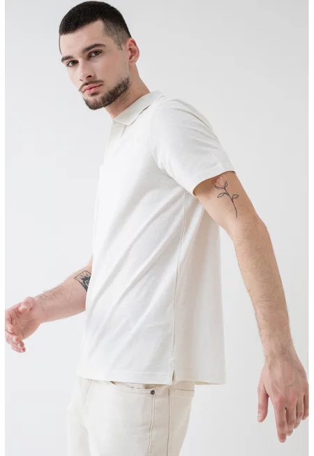 Тениска с памук и яка - Мръснобял