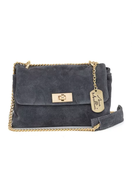 Велурена чанта през рамо с презрамка с верижка - Сив
