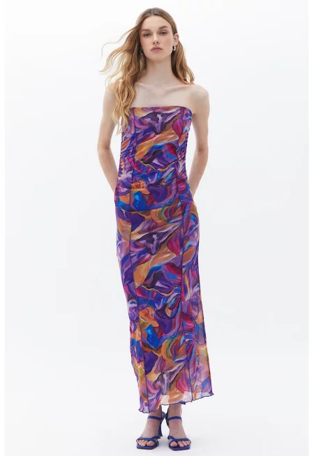 Вталена рокля с шарка - Пастелнорозов/Мандарина/Аметист